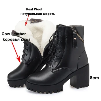 Meotina Naturale, Lână, Blană, Piele Adevărată Platformă Cu Toc Glezna Cizme Pentru Femei Pantofi Cu Fermoar Dantela-Up Bloc Tocuri Cizme Scurte De Iarnă