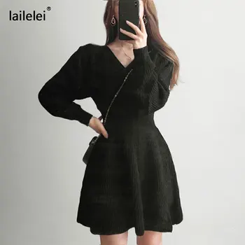 Mini Rochie Pulover Tricotate v Gatului Maneca Lunga o Linie Haina de Iarna Femme de Epocă Elegant Negru coreean Toamna 2020 Sukienki Damskie