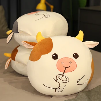 Minunat Ceai cu Bule de Bovine Moale Perna cu Paturica Umplute Rundă de Lapte de Vacă de Pluș Jucării de Desene animate de Animale Papusa Somn Perna Copii Cadou