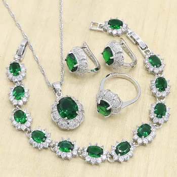 Mireasa de Culoare de Argint Seturi de Bijuterii pentru Femei, Verde Semi-pretioase Cercei Pandantiv Colier Inele Brățară de Bijuterii de Nunta