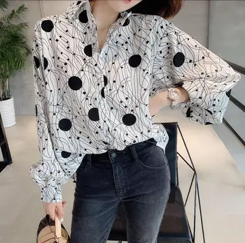 MISSKY Femei Camasa de Primavara Toamna Dot Imprimare Tricou Vrac Topuri cu Maneci Lungi Maieu Bluza Femei Topuri Noi