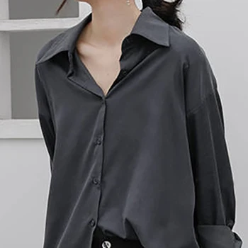 Missnight Camasi Pentru Femei Button Up Shirt Negru Gri Tricou cu Maneci Lungi, Guler Rever Streetwear Stil coreean S-XXL Topuri Casual