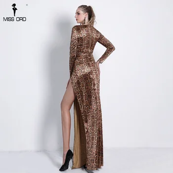 Missord 2021 Sexy Adânc V cu Maneci Lungi Snake Print Rochii de sex Feminin de Înaltă Split Maxi Rochie Eleganta Vestdios FT9701-1