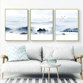 Misty Lake Cerneală Munte Păsări Pescar Peisaj Canvas Postere Tablouri de Perete de Arta de Imprimare Imagine pentru Camera de zi de Decorare Acasă