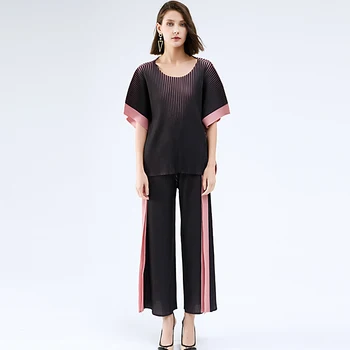Miyake Cutat textura de imprimare pentru Femei costum 2 piese de vara seturi tricou femei plus dimensiune bluza casual pantaloni