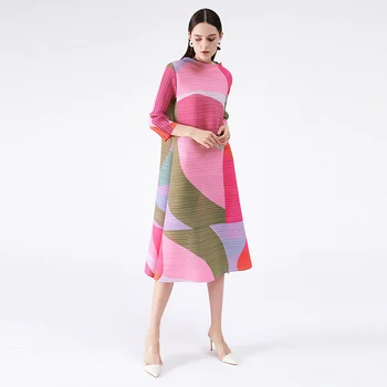 Miyake rochii Plisate vară 2020 Femei imprimeu geometric plus dimensiunea rochie de Slash gât guler curea Dantelă a-line rochii lungi casual