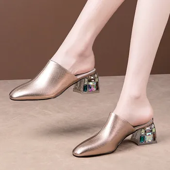 MLJUESE 2020 femei papuci Moale piele de vacă Roma stil de vară deget de la picior pătrat argint culoare cristal sandale toc, rochie de petrecere de nunta