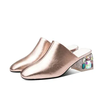 MLJUESE 2020 femei papuci Moale piele de vacă Roma stil de vară deget de la picior pătrat argint culoare cristal sandale toc, rochie de petrecere de nunta