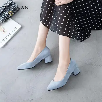 MNIXUAN mai recente pantofi pentru femei pantof albastru pompe tocuri inalte 2020 noua de piele de căprioară subliniat toe slip pe toc gros pantofi office de dimensiuni mari 42