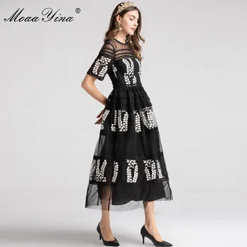 MoaaYina Designer de Moda Pistei rochie de Primăvară Femei Rochie maneca Jumătate Plasă de Broderii Florale Negru Elegant Rochie de Bal Rochii
