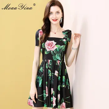 MoaaYina Designer de Moda rochie de Bumbac de Vara Rochie de Femei Rose Floral-Print Negru de Bumbac, Vacanta, Rochii