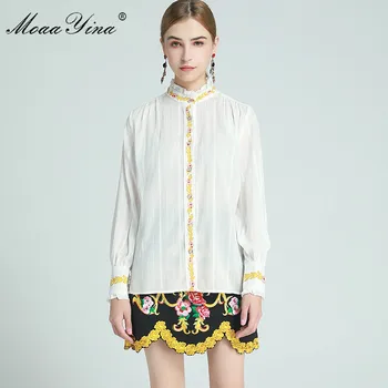 MoaaYina Designer de Moda Set de Primăvară pentru Femei cu maneca Lunga Bluze Topuri+Broderie Flori Fusta Două seturi de piese
