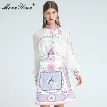 MoaaYina Designer de Moda Set de Toamnă Femei cu Maneci Lungi Panglici de Imprimare Topuri+ștrasuri din Mărgele Fuste Elegante set de Două piese