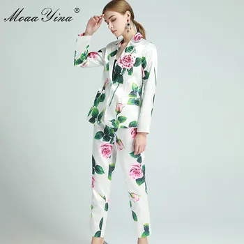 MoaaYina Designer de Moda Set Primavara Toamna Femei cu maneci Lungi Crescut cu Margele Floral-Costum Print Topuri+Pantaloni set de Două piese
