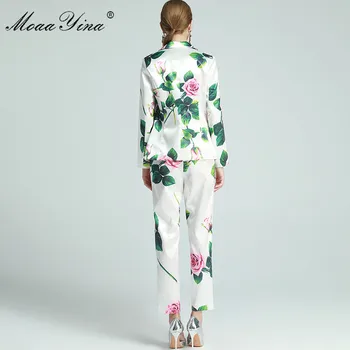 MoaaYina Designer de Moda Set Primavara Toamna Femei cu maneci Lungi Crescut cu Margele Floral-Costum Print Topuri+Pantaloni set de Două piese