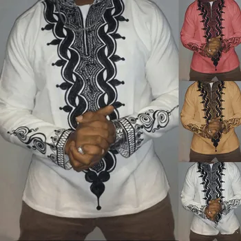 Moda Africană Tradițională Tricou Cu Maneci Lungi, Îmbrăcăminte Bărbați Dashiki Roșu Portocaliu Alb Casual Elasticitatea Maxi Bazin Cu Dungi Haine