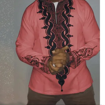 Moda Africană Tradițională Tricou Cu Maneci Lungi, Îmbrăcăminte Bărbați Dashiki Roșu Portocaliu Alb Casual Elasticitatea Maxi Bazin Cu Dungi Haine