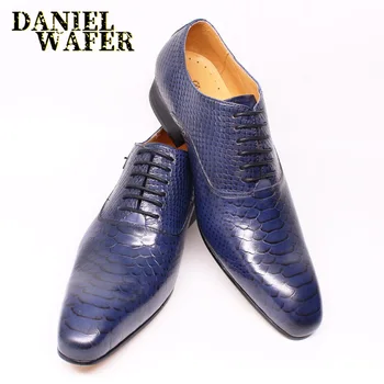 Moda Barbati Din Piele Pantofi De Piele De Sarpe Printuri Bărbați Rochie De Birou Stil Clasic Visiniu Albastru Dantelă Sus Subliniat Toe Pantofi Oxford Barbati