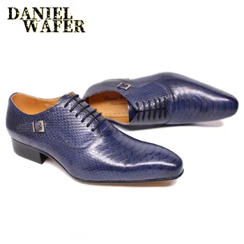 Moda Barbati Din Piele Pantofi De Piele De Sarpe Printuri Bărbați Rochie De Birou Stil Clasic Visiniu Albastru Dantelă Sus Subliniat Toe Pantofi Oxford Barbati