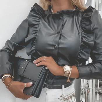 Moda Black Plaid Print Toamna Iarna Femei Bluze Casual Cardigan Ciufulit Guler din Piele PU Cămașă Subțire Elegant de Birou Bluza