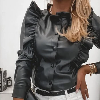 Moda Black Plaid Print Toamna Iarna Femei Bluze Casual Cardigan Ciufulit Guler din Piele PU Cămașă Subțire Elegant de Birou Bluza