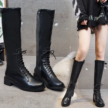 Moda Cizme Genunchi Ridicat 2020 Iarna wedge Heel Boot pentru fete Elastic Dantela-up catarama de sex feminin pantofi Cizme Lungi de Femei de dimensiuni Mari