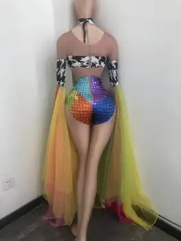 Moda Colorate Plasă Mâneci Evazate Etapă Costume Femei Stras Imprimare Tricou Elastic Club De Noapte De Carnaval Costume Dansatoare