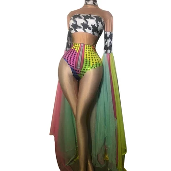 Moda Colorate Plasă Mâneci Evazate Etapă Costume Femei Stras Imprimare Tricou Elastic Club De Noapte De Carnaval Costume Dansatoare
