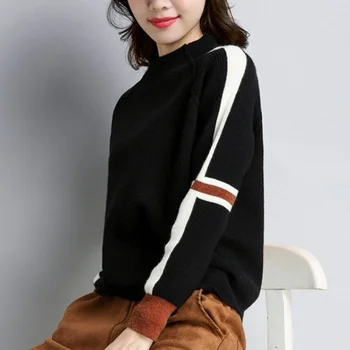 Moda Coreeană Jumătate De Înaltă Gât Pulover Pulover Tricotate Largi Culoare De Contrast Bottom Tricou Femei De Top