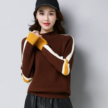 Moda Coreeană Jumătate De Înaltă Gât Pulover Pulover Tricotate Largi Culoare De Contrast Bottom Tricou Femei De Top