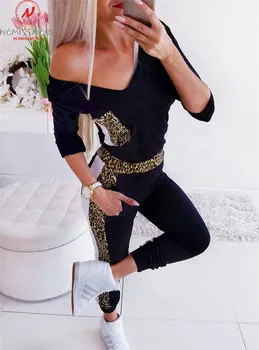 Moda Costume pentru Femei Mozaic de Potrivire de Culoare de Proiectare Buzunare Decor V-Neck Maneca Lunga Print Leopard Streetwear Salopete
