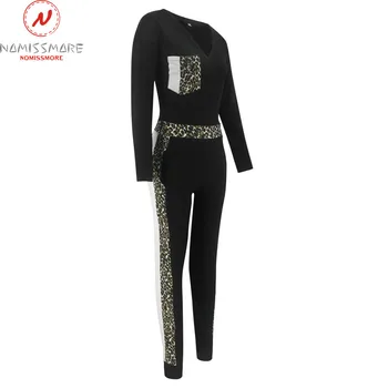 Moda Costume pentru Femei Mozaic de Potrivire de Culoare de Proiectare Buzunare Decor V-Neck Maneca Lunga Print Leopard Streetwear Salopete
