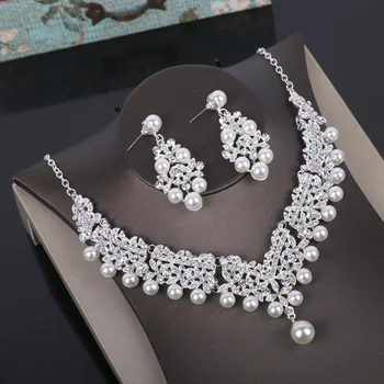 Moda Cristal Pearl Costum Seturi De Bijuterii Stras Colier Statement, Cercei Coroana Diademe Set Pentru Femei Seturi De Bijuterii De Nunta