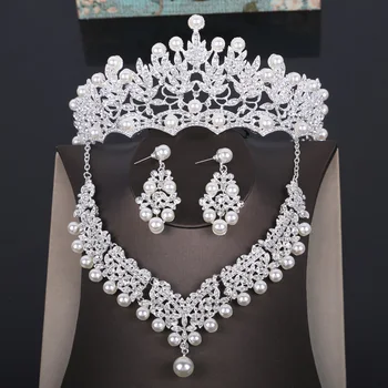 Moda Cristal Pearl Costum Seturi De Bijuterii Stras Colier Statement, Cercei Coroana Diademe Set Pentru Femei Seturi De Bijuterii De Nunta