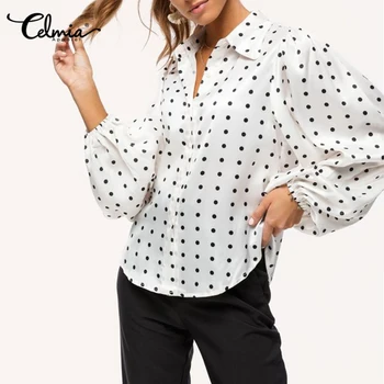 Moda cu Buline Mânecă Lungă Lanternă Bluze Femei Rever Office Camasa Celmia Elegante de Petrecere de Top Femme Liber Puls Dimensiune Blusas 7