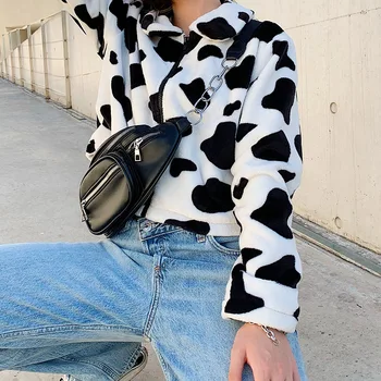 Moda Cu Fermoar Plus De Confort Superior In Afara De Iarna Uzura Rândul Său, În Jos Guler Polo Vaca Model De Imprimare Trunchiate Haina De Toamna