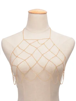 Moda Culoare De Aur Net Grid Ciucure Cablajului Nacklace Bijuterii Corp Sexy Bikini Burta Talie Aliaj Metalic Sutien Corp Bijuterii