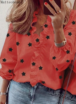 Moda De Imprimare Tricou Femei Alb Bluze De Toamna Cu Maneca Lunga V Gât Volane, Camasi Elegante, Office Lady Bluza Top Primăvară Plus Dimensiune