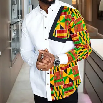 Moda De Primăvară Imprimare Om Tricou Topuri Geometrice Slim Casual Bluza Single-Breasted Africane 2021 Domnilor Munca Tricouri De Afaceri