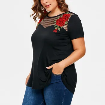 Moda de vara pentru Femei Maneci Scurte Plasa Panoul Plus Dimensiune Tunica T-shirt de Vânzare la Cald O-gât Aplicatiile Florale Pulover Negru Topuri 2019