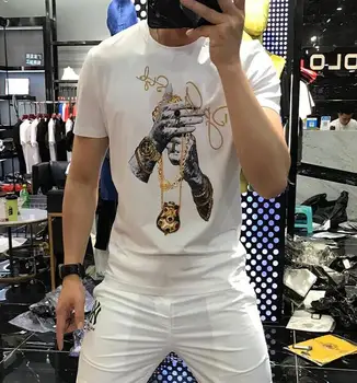 Moda de vara Stil Nou Cu Diamant T-Shirt de Desene animate Drăguț Slim Maneca Scurta pentru Bărbați T-Shirt din bumbac pur de înaltă calitate