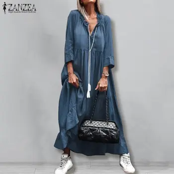 Moda Demin Albastru Unduiri Rochie de Toamna Femei Sundress ZANZEA 2021 Casual cu Maneca Lunga Maxi Vestidos de sex Feminin Solid Haina Plus Dimensiune