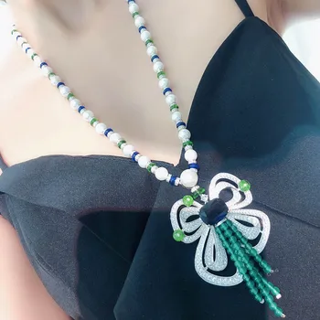Moda Elegant Arc Pulover Lanț Pearl Margele Verzi Femei Colier de Brand de Înaltă Calitate Bijuterii de Nunta de Petrecere Nou Stil Stralucitoare