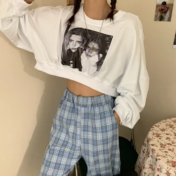 Moda Femei Cu Maneci Lungi Gât O Figura De Imprimare Bluza Vrac Crop Top Pulover