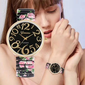 Moda Femei Cuarț Ceas Mare Arabă Dial Number Doamnelor Ceas De Mână Unic Elastic De Imprimare Curea Fete Ceasuri Reloj Mujer