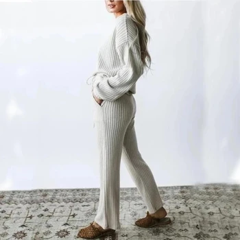 Moda Femei din Două Piese Utilaje, Long Sleeve Crewneck Top și Cordon Talie Mare Tricot Largi Picior Pantaloni Set Body Iarna