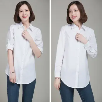 Moda Femei Maneca Lunga Bluza Casual de Bumbac Alb Bluza Vrac Topuri Largi Guler de Turn-down Office Lady Shirt