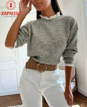 Moda Femei Solide De Culoare T-Shirt Design Mozaic Volane Decor O-Neck Maneca Lunga Primavara Toamna Slim Pulovere Top