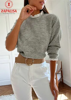 Moda Femei Solide De Culoare T-Shirt Design Mozaic Volane Decor O-Neck Maneca Lunga Primavara Toamna Slim Pulovere Top