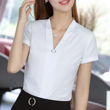 Moda Femei V-Neck Cămașă Office Maneca Scurta Slim Bluză Albă Șifon Doamnelor Oficială De Vară Plus Dimensiune Haine De Lucru Topuri